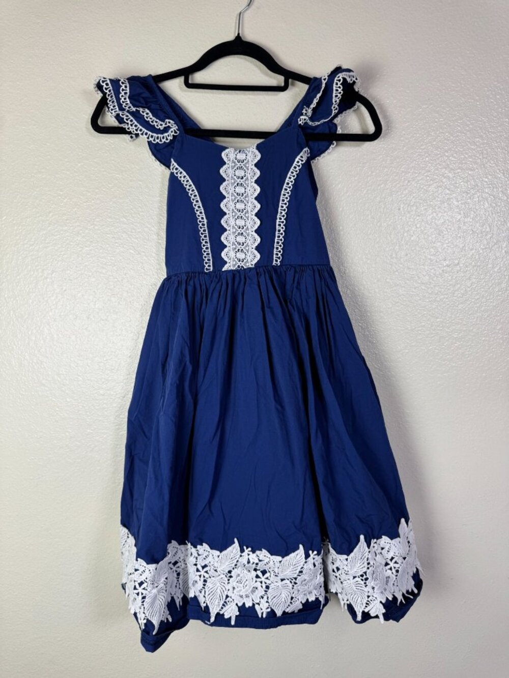Trish Scully Child Girls Blue Dress White Lace Trim Ruffle Straps Smocked sz 14